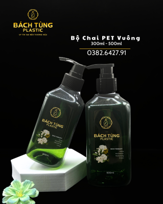 BỘ CHAI PET VUÔNG XANH LÁ ĐẬM – 300ML & 500ML