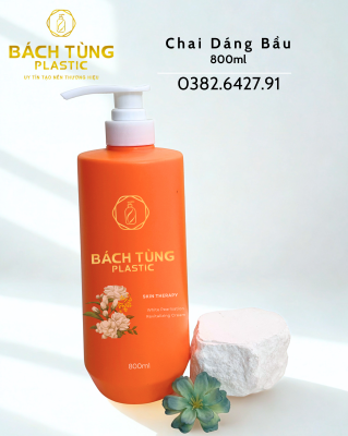 CHAI HDPE DÁNG BẦU 800ML – MÀU CAM VỚI NẮP NHẤN THƯỜNG SỌC TRẮNG