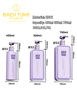 Bộ 3 Chai Nhựa HDPE 450 ml | 550 ml | 750 ml Có Vòi Nhấn
