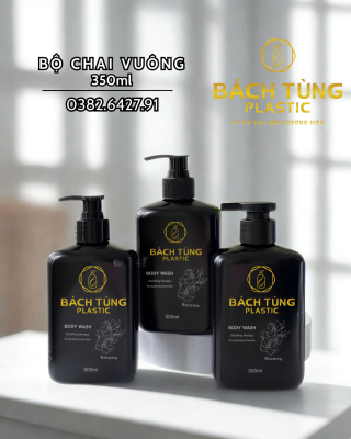 Chai PET- Dáng Vuông - 350ml Màu Đen Bóng